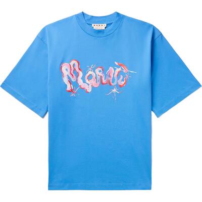 MARNI春夏男士宽松基础款品牌标志印花蓝色T恤