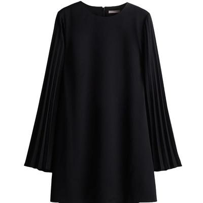 HM女装连衣裙春季休闲优雅法式宽松圆领长袖褶裥袖短裙1242802