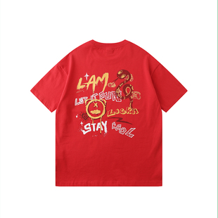 LAMLICKA蛇年贺岁短袖打底衫男款纯棉新款国潮纯棉t恤红色本命年
