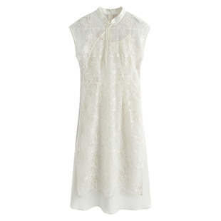 固执夏季新款新中式蕾丝刺绣中长款短袖改良旗袍连衣裙套装女