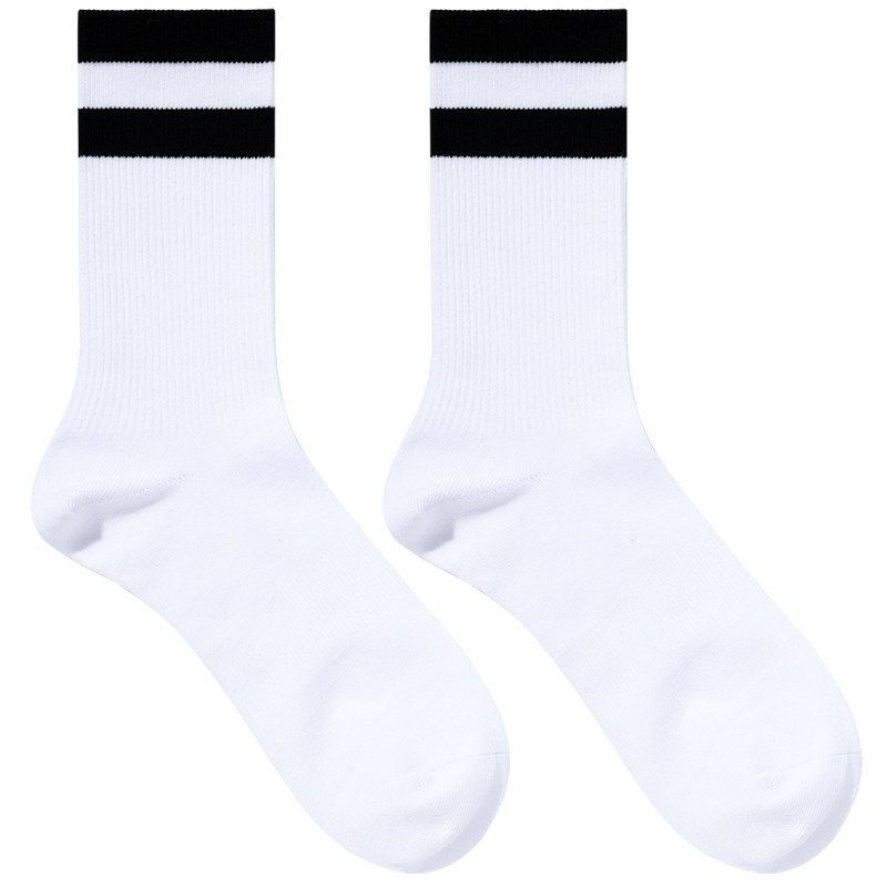sockkon 男士高筒长筒薄款四季黑白两条杠精梳棉袜子运动白袜