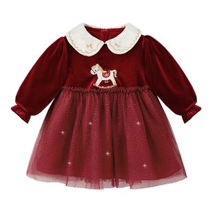 女童连衣裙红色公主裙秋冬宝宝加绒网纱裙小女孩春装洋气儿童裙子