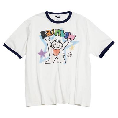 趣味复古彩虹兔涂鸦印花短袖T恤