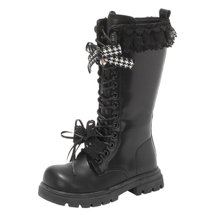 舞玛女童鞋子儿童长筒靴2025新款冬季小女孩黑色加绒高筒二棉皮靴