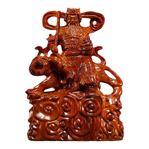 花梨木雕赵公明财神摆件实木骑虎武财神五路财神家居客厅红木饰品