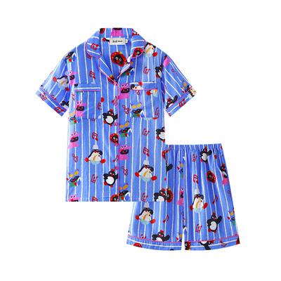 侘町2024年新款蓝色音乐pingu短袖睡衣女夏季纯棉棉纱家居服套装