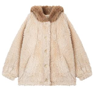 KEIKO 小熊连帽羊羔毛绒棉服冬季松绒系加厚毛毛大衣外套环保皮草