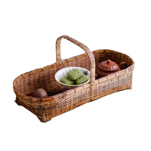 老式紫竹编织篮子小号点心零食茶具手提收纳筐酒店茶楼复古提篮子