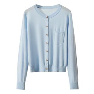 春竹春季薄款开衫基础百搭圆领长袖针织短外套罩衫上衣女毛针织衫