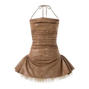 LSOUL香槟色吊带连衣裙复古纯欲短款A字裙修身时尚设计拼接纱裙装