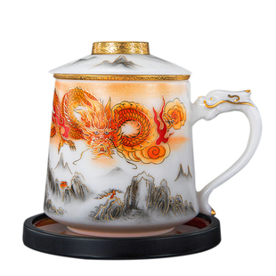 匠仙龙年冰种玉瓷办公杯高端德化白瓷家用大容量带过滤茶水分离杯