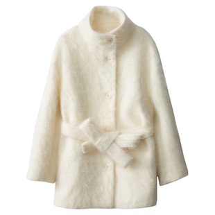 一丝牵皮草级100%山羊绒拉毛双面呢大衣高级感系带中长款毛呢外套