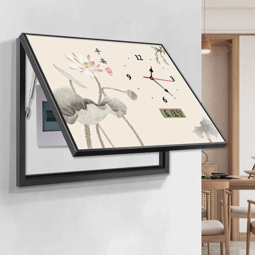 新中式九鱼图电表箱装饰画带钟表万年历配电箱遮挡画客厅餐厅挂画