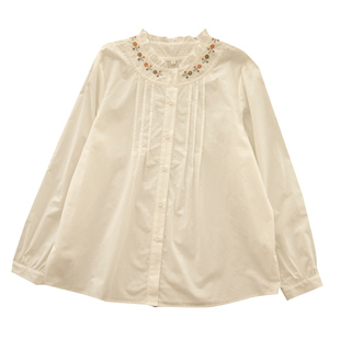花海 纯棉立领木耳边刺绣花衬衫纯色打底百搭减龄叠穿衬衣女