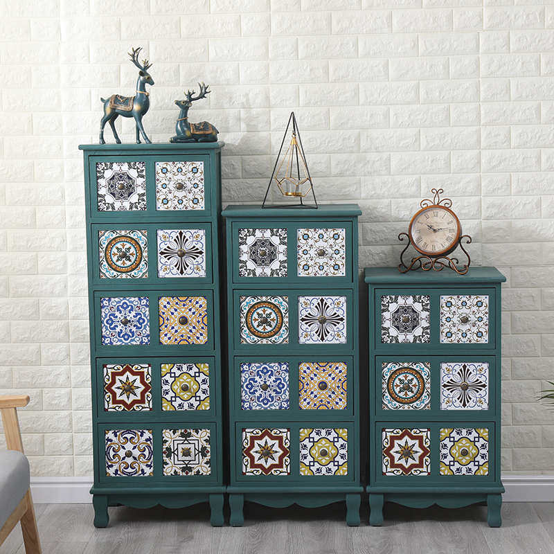 美式实木收纳柜创意彩绘复古斗柜小型靠墙储物柜子阳台置物柜多层