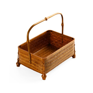 竹编手工大漆竹编小提篮中式复古带提手点心盘水果篮茶点糕点托盘