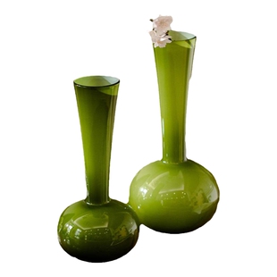 掬涵中古绿高级感长颈琉璃花瓶摆件仿真花客厅插花法式家居装饰