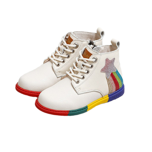 泰兰尼斯冬季儿童小皮鞋加绒女童小白鞋幼儿园小童防滑彩虹马丁靴