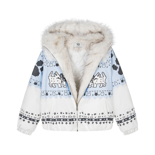 SREK美式毛领提花连帽针织开衫2025冬季新款费尔岛小狗棉服外套女