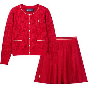 暇步士童装女童毛衣套装25冬新款儿童针织开衫半身裙两件套拜年服