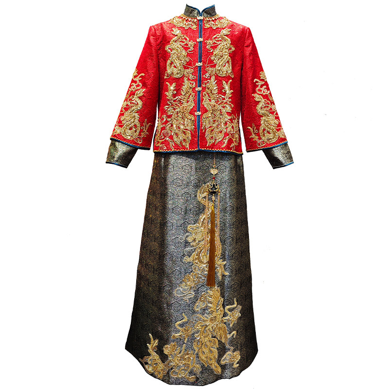 租赁大码新中式男装新郎结婚婚纱礼服秀禾服龙袍保暖金色黑色出租