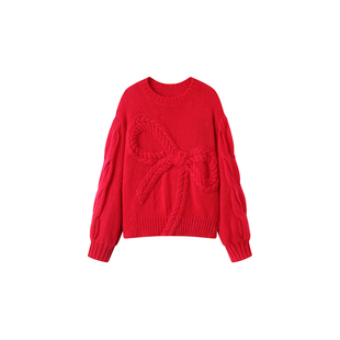 秦岚明星同款大红色蝴蝶结毛衣女圆领麻花针织衫上衣新年毛衫秋冬