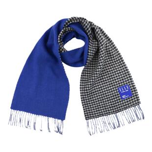 ELLE100%绵羊毛蓝色围巾女冬季加厚长款格子两用披肩复古户外保暖