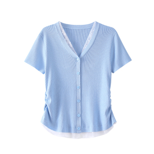 OSA欧莎V领蕾丝拼接针织衫女2026夏季新款收腰显瘦别致薄款上衣