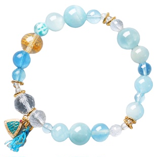 海蓝宝手串蓝水晶手链女款五行补水财运男女生同款手链流苏穗子