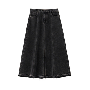 【特立独型】CHICJOJO牛仔半身裙女26春新款黑色前开叉毛边长裙