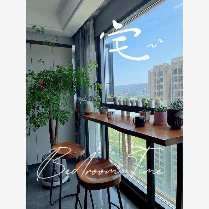 实木吧台桌椅组合家用阳台靠墙高脚长条桌商用奶茶店咖啡厅酒吧台