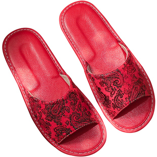 真皮欧式印花凉拖鞋女情侣亚麻布艺家居室内防滑不臭脚软底男夏季