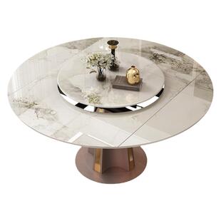 蒂梵拉意式轻奢岩板旋转餐桌现代可伸缩内嵌转盘带电磁炉家用圆桌