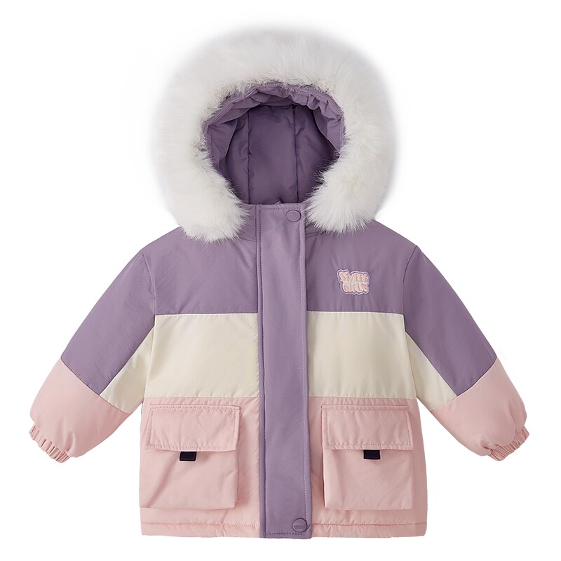 女童棉服冬小童冬季保暖连帽毛领儿童撞色工装风加绒外套宝宝冬装