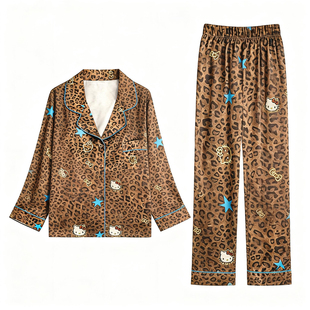 猫人高级感冰丝睡衣女春秋款夏季带胸垫长袖豹纹家居服送闺蜜礼盒