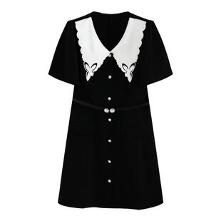 梵凯连衣裙2024夏黑色显瘦花型翻领中长款法式优雅公主气质连衣裙