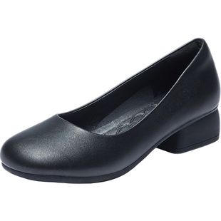 春舒适圆头女皮鞋粗跟3.5厘米软底单鞋 酒店服务员女鞋黑色工作鞋