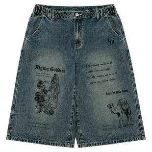 鹿家门潮牌牛仔七分裤潮流复古涂鸦夏季宽松百搭直筒美式休闲短裤