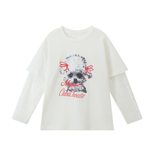 布丁哈鲁春装女童童装洋气上衣2026春季新款儿童时尚蕾丝假两件