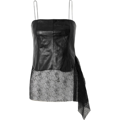 Helmut Lang 夏女轻熟蕾丝边饰不对称皮革吊带上衣