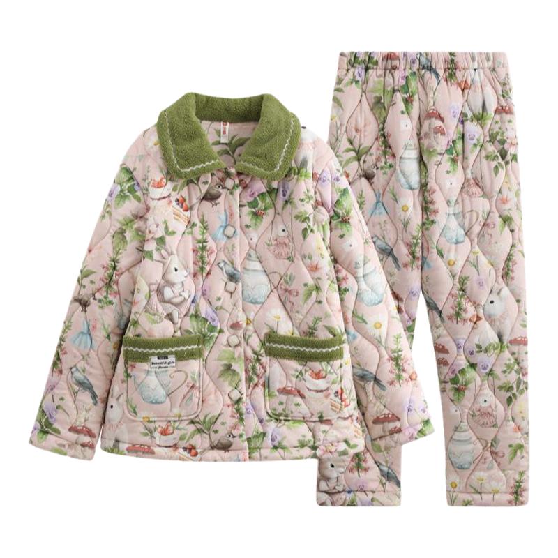 芬腾三层加厚夹棉珊瑚绒睡衣女冬季加绒保暖冬款可外穿家居服套装