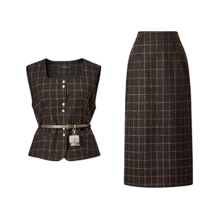 颜域毛呢马甲半身长裙两件套女2025新款冬季格子职业套装女士穿搭