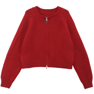 鹿与飞鸟[Warm Days]“小红与小灰”双色短款双拉头开衫毛衣6211