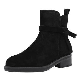 金利来女鞋秋冬加绒保暖圆头磨砂皮中跟短靴黑色百搭粗跟时装靴女