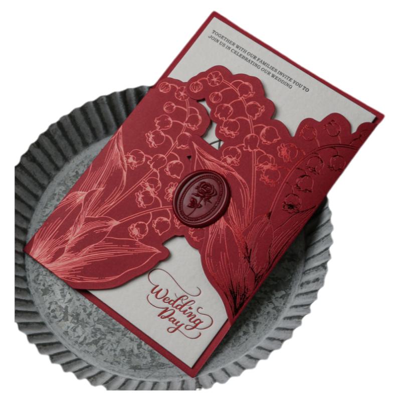 法式婚礼请柬手工定制凸版定制请帖铃兰活版印刷喜帖邀请函酒红色