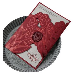 法式婚礼请柬手工定制凸版定制请帖铃兰活版印刷喜帖邀请函酒红色