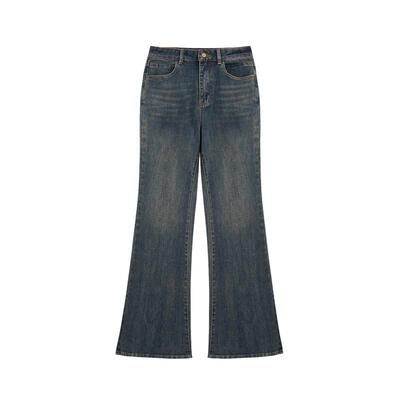 紫涵深蓝做旧水洗牛仔喇叭裤女春秋季新款修身显瘦高腰休闲长裤子