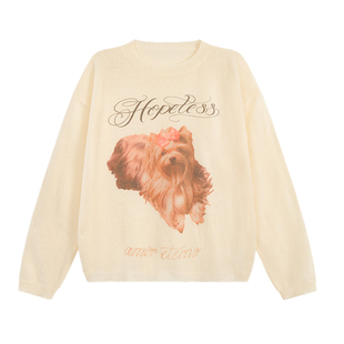 UNIFREE杏色圆领毛衣内搭可外穿女小狗图案秋冬宽松松弛好看上衣