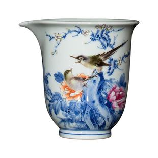 钟家窑公道杯 景德镇名师万海华手绘青花斗彩花鸟茶海分茶器公杯