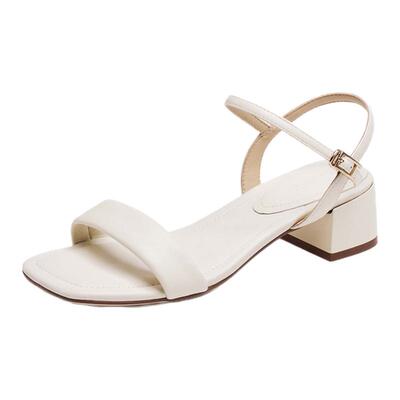 思加图通勤一字带凉鞋粗跟奶油鞋